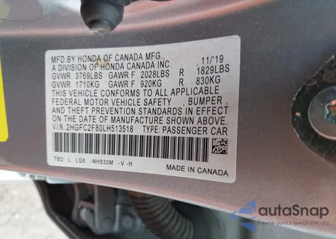 2020 Honda Civic Sport from USA, damaged, VIN 2HGFC2F80LH513518